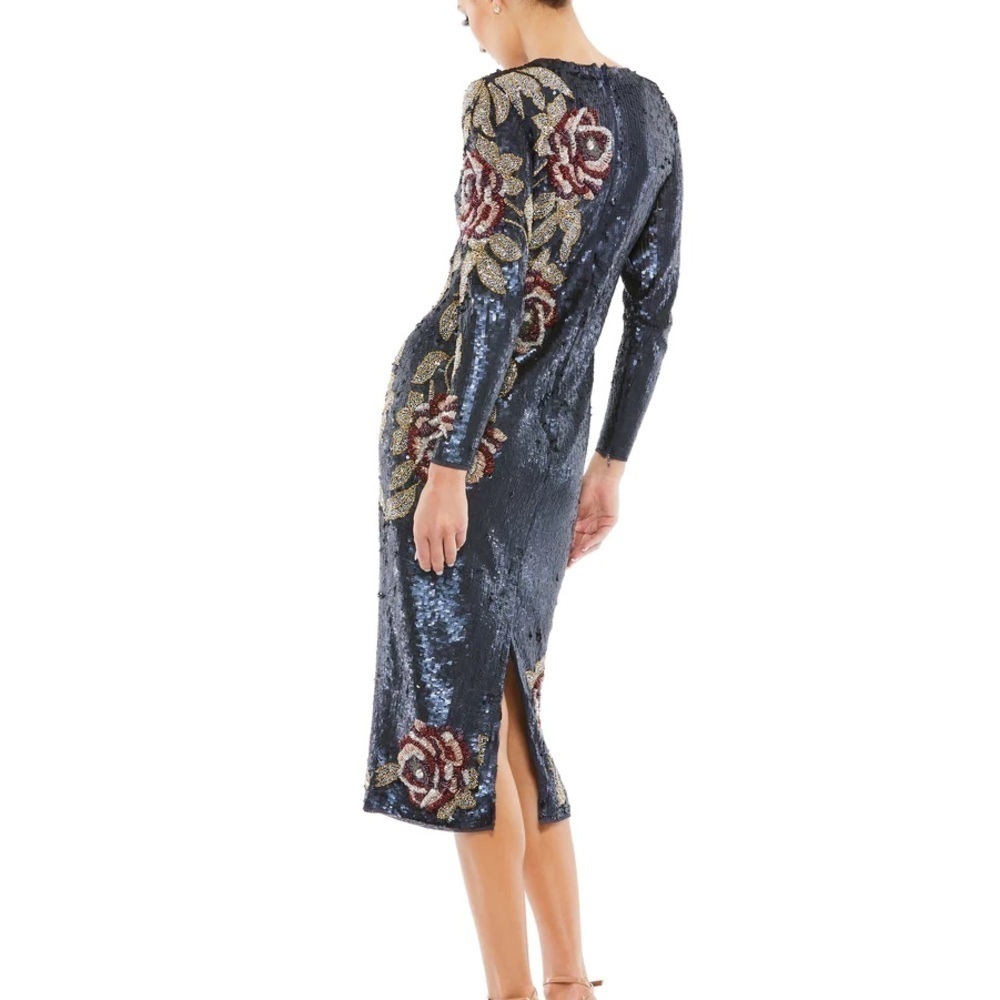 Mac Duggal 93624 NWT SEQUINED ASYMMETRICAL FLORAL LONG SLEEVE MIDI DRess - Picture 3 of 10